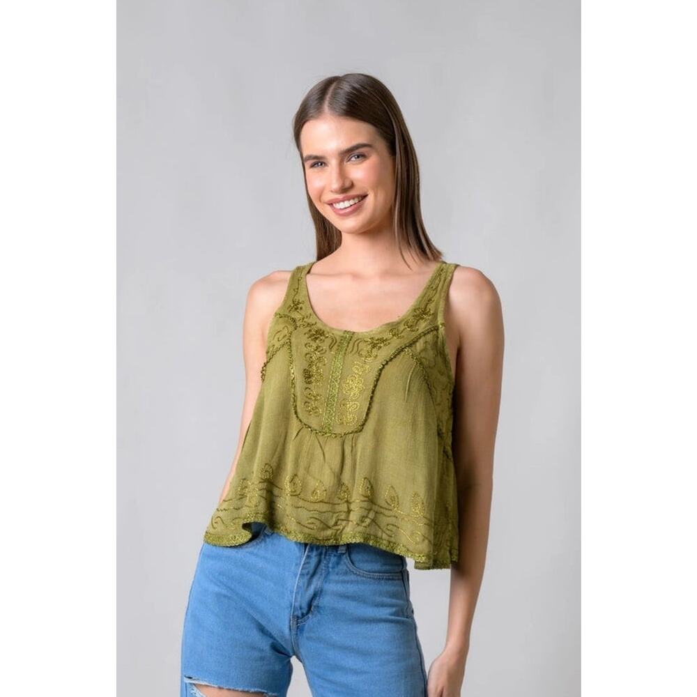 "Petticoat" Sleeveless Viscose Tank Top in Olive Green